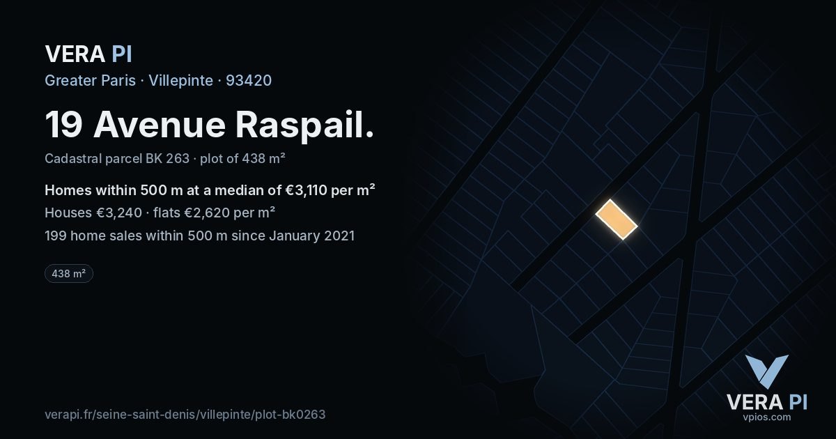19 Avenue Raspail, Villepinte at night – the plot lit, the parcels around coloured by the prices near them