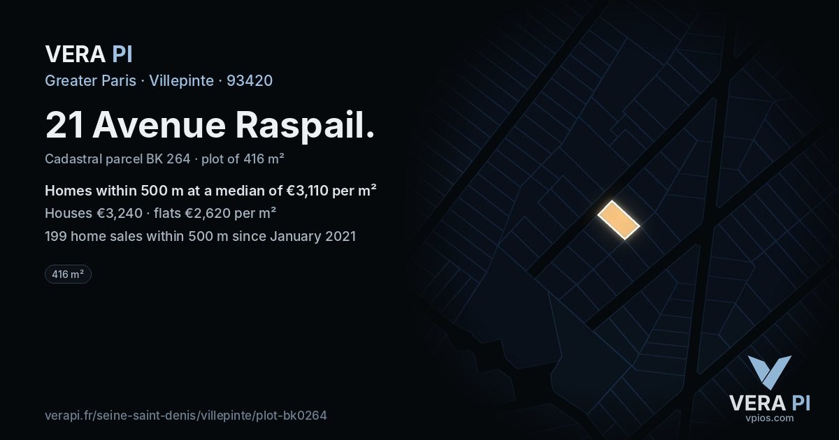 21 Avenue Raspail, Villepinte at night – the plot lit, the parcels around coloured by the prices near them