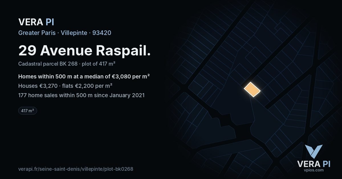 29 Avenue Raspail, Villepinte at night – the plot lit, the parcels around coloured by the prices near them