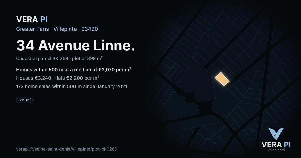34 Avenue Linne, Villepinte at night – the plot lit, the parcels around coloured by the prices near them