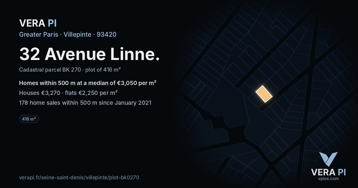 32 Avenue Linne, Villepinte at night – the plot lit, the parcels around coloured by the prices near them
