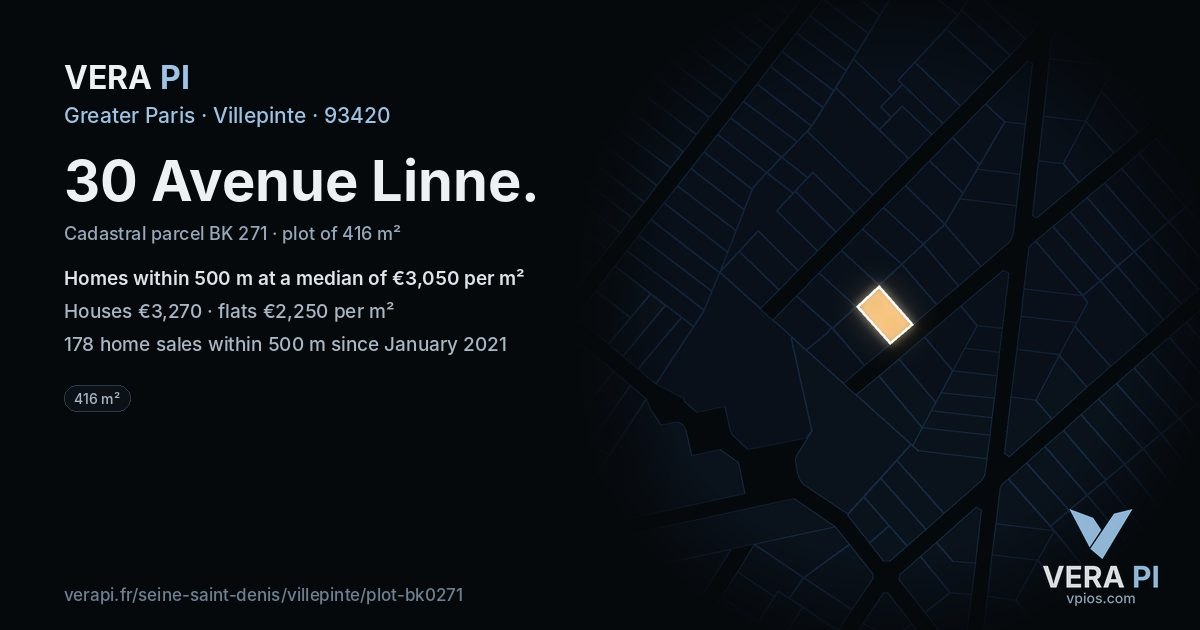 30 Avenue Linne, Villepinte at night – the plot lit, the parcels around coloured by the prices near them