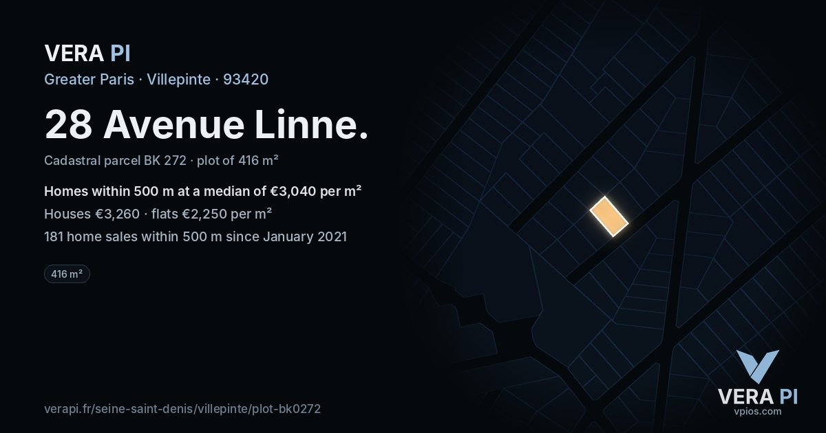 28 Avenue Linne, Villepinte at night – the plot lit, the parcels around coloured by the prices near them