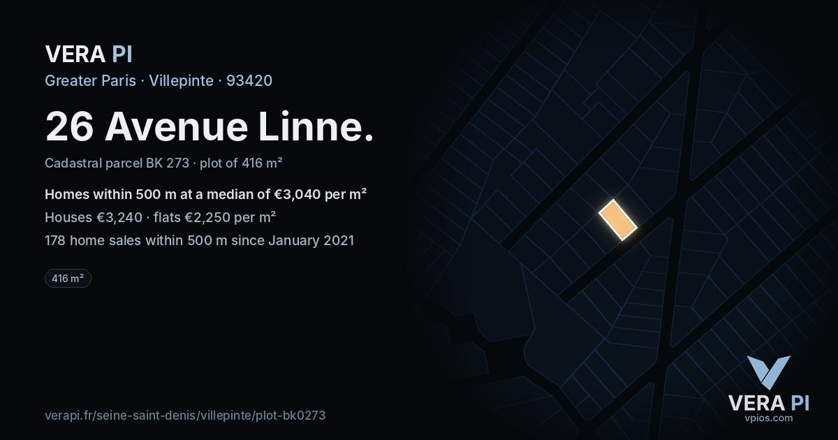 26 Avenue Linne, Villepinte at night – the plot lit, the parcels around coloured by the prices near them