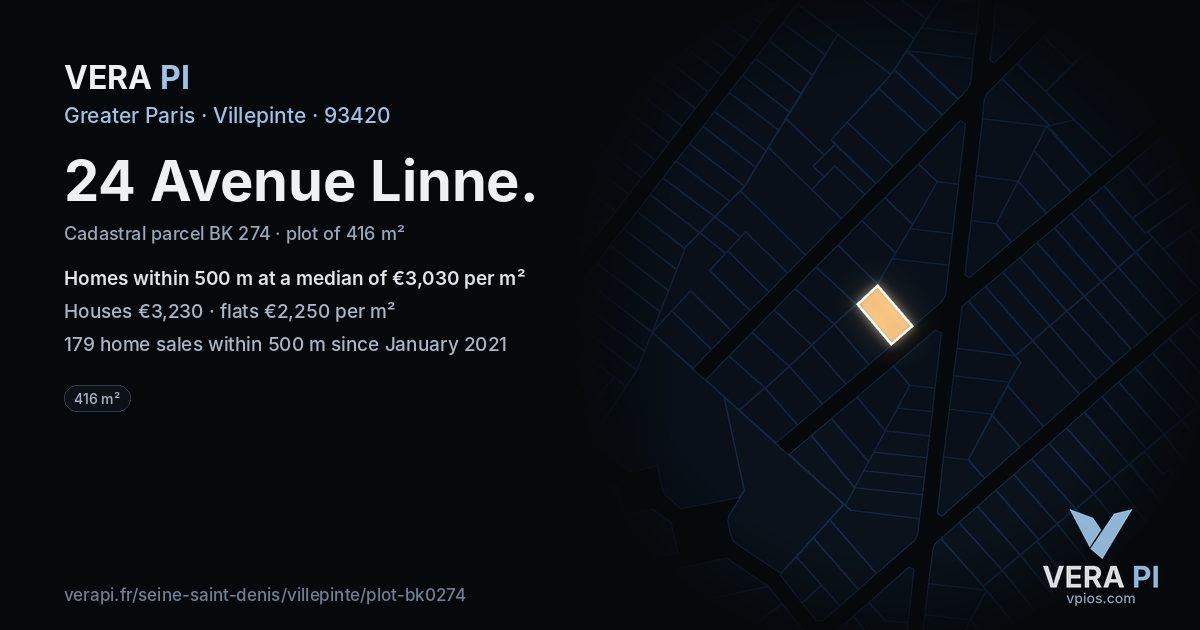 24 Avenue Linne, Villepinte at night – the plot lit, the parcels around coloured by the prices near them