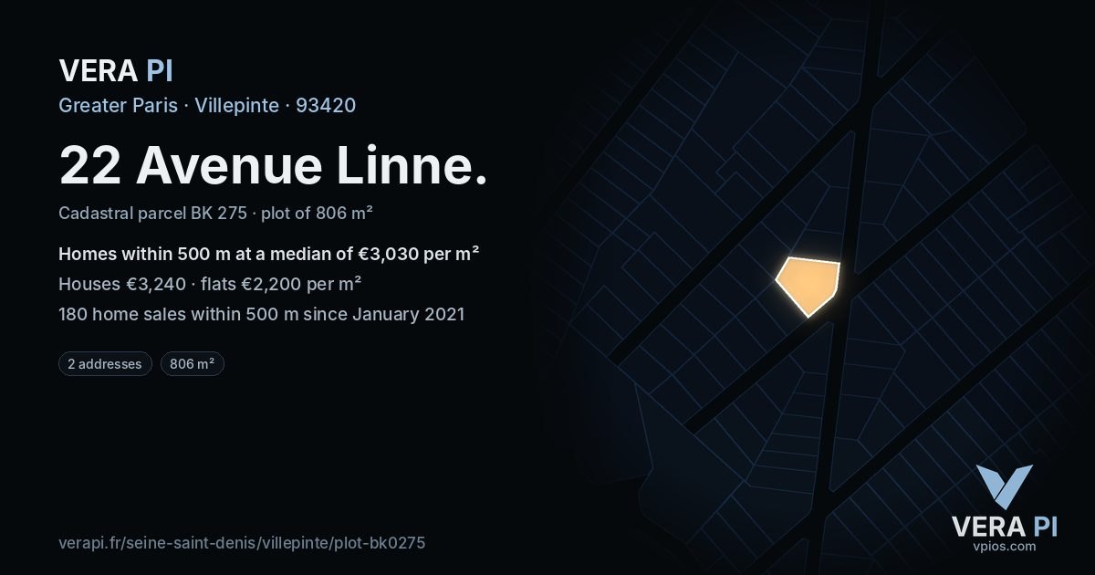 22 Avenue Linne, Villepinte at night – the plot lit, the parcels around coloured by the prices near them