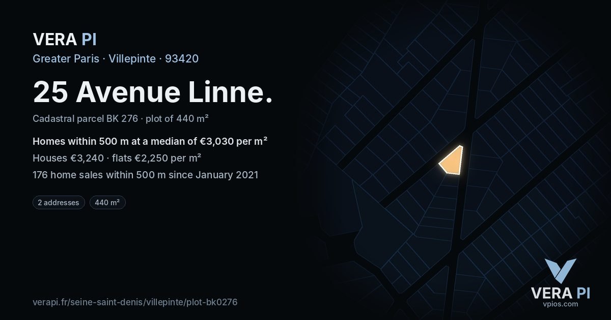 25 Avenue Linne, Villepinte at night – the plot lit, the parcels around coloured by the prices near them