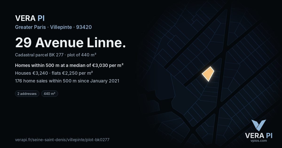 29 Avenue Linne, Villepinte at night – the plot lit, the parcels around coloured by the prices near them