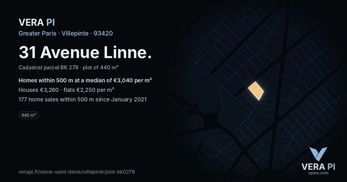 31 Avenue Linne, Villepinte at night – the plot lit, the parcels around coloured by the prices near them