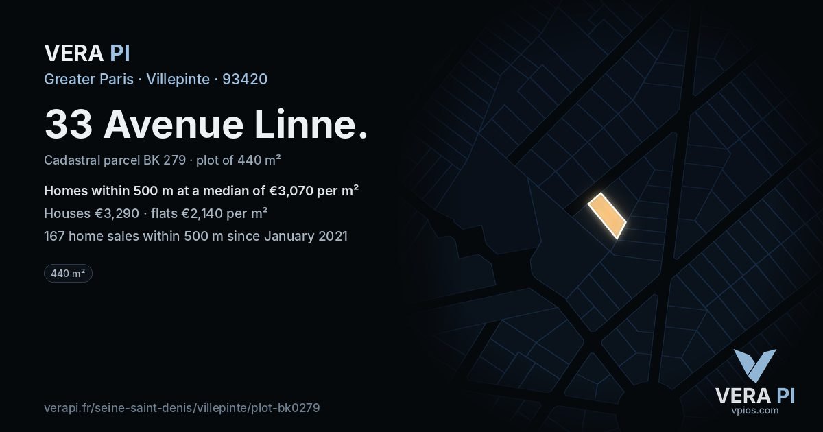 33 Avenue Linne, Villepinte at night – the plot lit, the parcels around coloured by the prices near them
