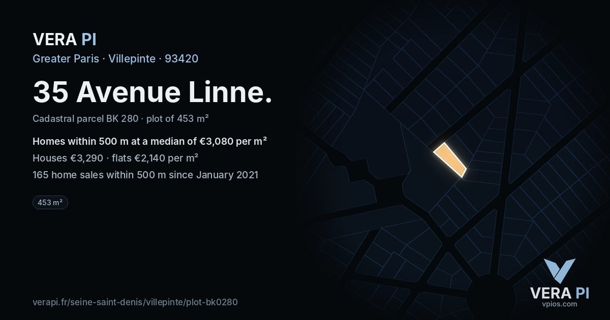 35 Avenue Linne, Villepinte at night – the plot lit, the parcels around coloured by the prices near them