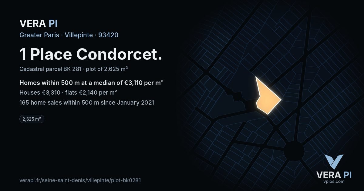 1 Place Condorcet, Villepinte at night – the plot lit, the parcels around coloured by the prices near them