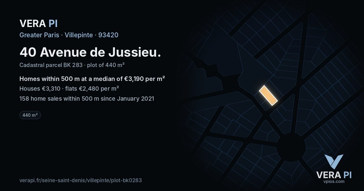 40 Avenue de Jussieu, Villepinte at night – the plot lit, the parcels around coloured by the prices near them
