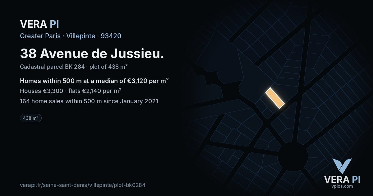 38 Avenue de Jussieu, Villepinte at night – the plot lit, the parcels around coloured by the prices near them