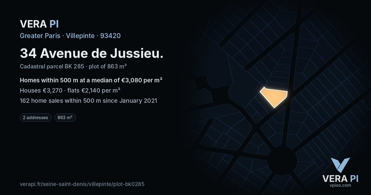 34 Avenue de Jussieu, Villepinte at night – the plot lit, the parcels around coloured by the prices near them
