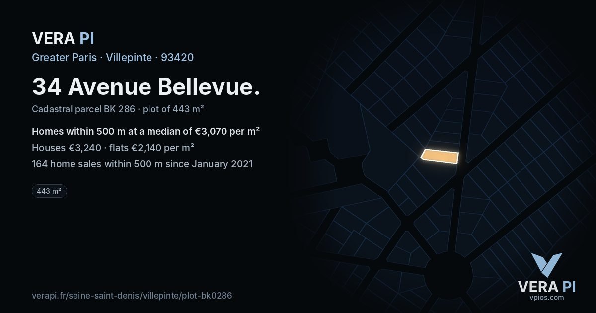34 Avenue Bellevue, Villepinte at night – the plot lit, the parcels around coloured by the prices near them