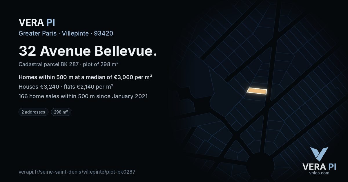 32 Avenue Bellevue, Villepinte at night – the plot lit, the parcels around coloured by the prices near them