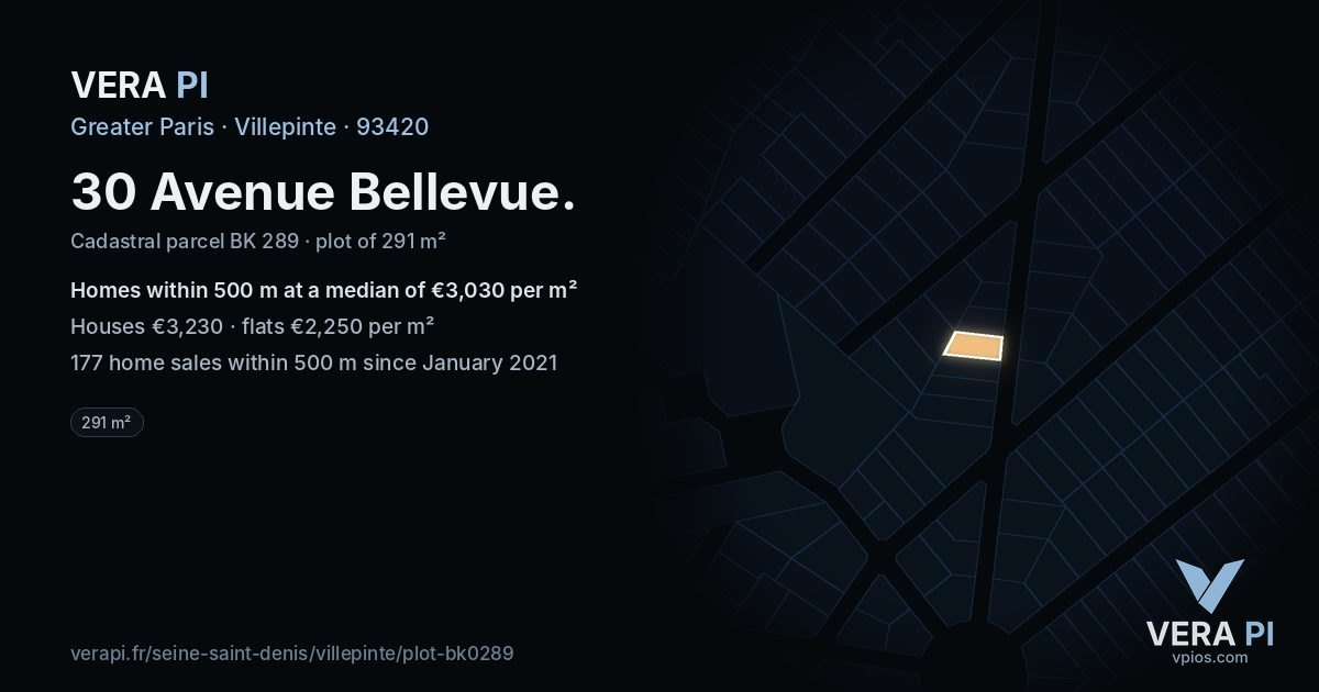 30 Avenue Bellevue, Villepinte at night – the plot lit, the parcels around coloured by the prices near them