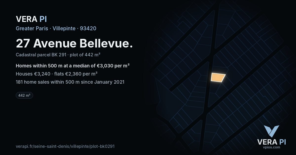 27 Avenue Bellevue, Villepinte at night – the plot lit, the parcels around coloured by the prices near them