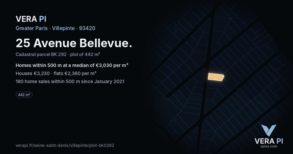 25 Avenue Bellevue, Villepinte at night – the plot lit, the parcels around coloured by the prices near them