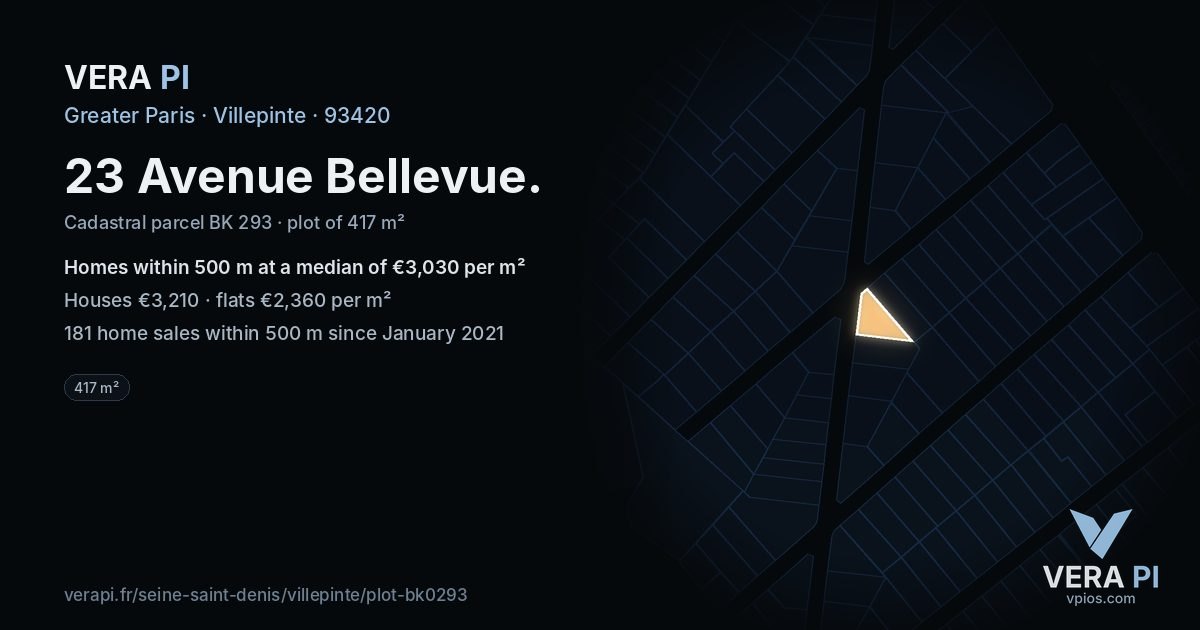 23 Avenue Bellevue, Villepinte at night – the plot lit, the parcels around coloured by the prices near them