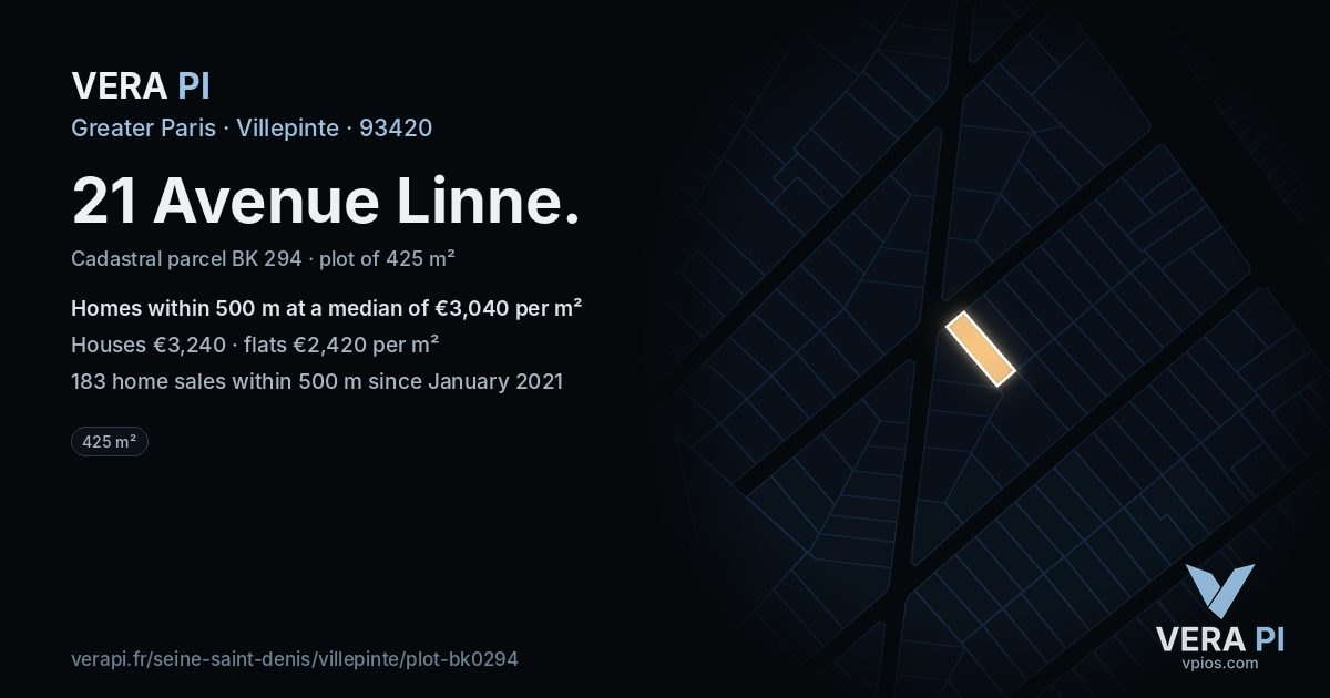 21 Avenue Linne, Villepinte at night – the plot lit, the parcels around coloured by the prices near them