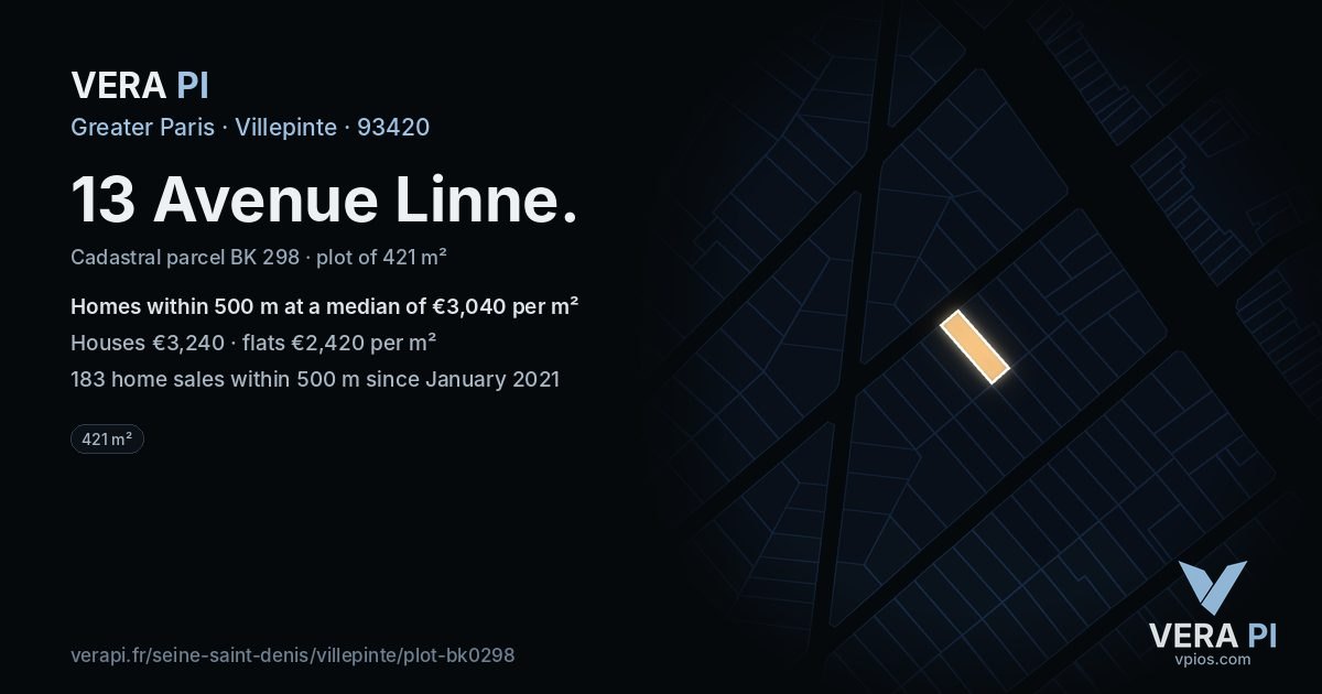 13 Avenue Linne, Villepinte at night – the plot lit, the parcels around coloured by the prices near them