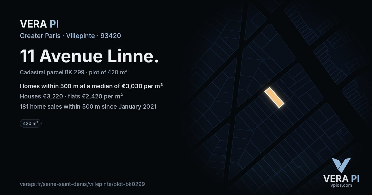 11 Avenue Linne, Villepinte at night – the plot lit, the parcels around coloured by the prices near them