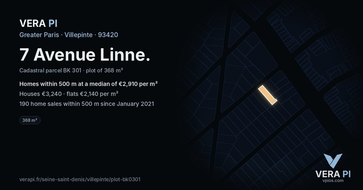 7 Avenue Linne, Villepinte at night – the plot lit, the parcels around coloured by the prices near them