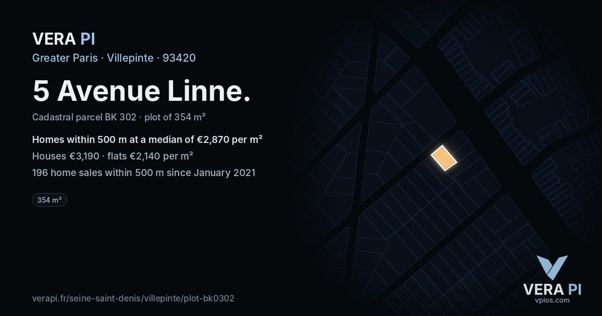 5 Avenue Linne, Villepinte at night – the plot lit, the parcels around coloured by the prices near them