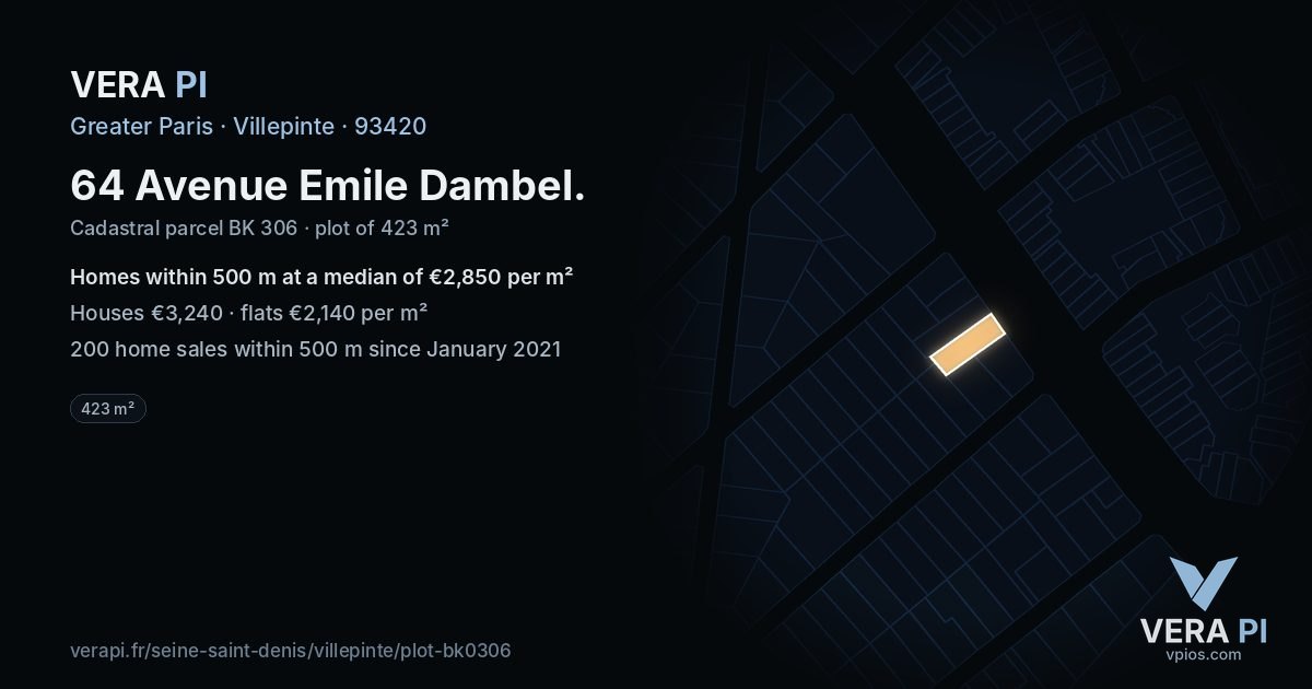64 Avenue Emile Dambel, Villepinte at night – the plot lit, the parcels around coloured by the prices near them