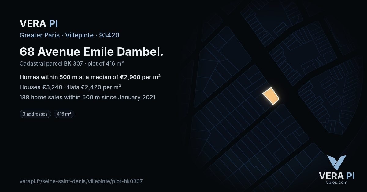 68 Avenue Emile Dambel, Villepinte at night – the plot lit, the parcels around coloured by the prices near them