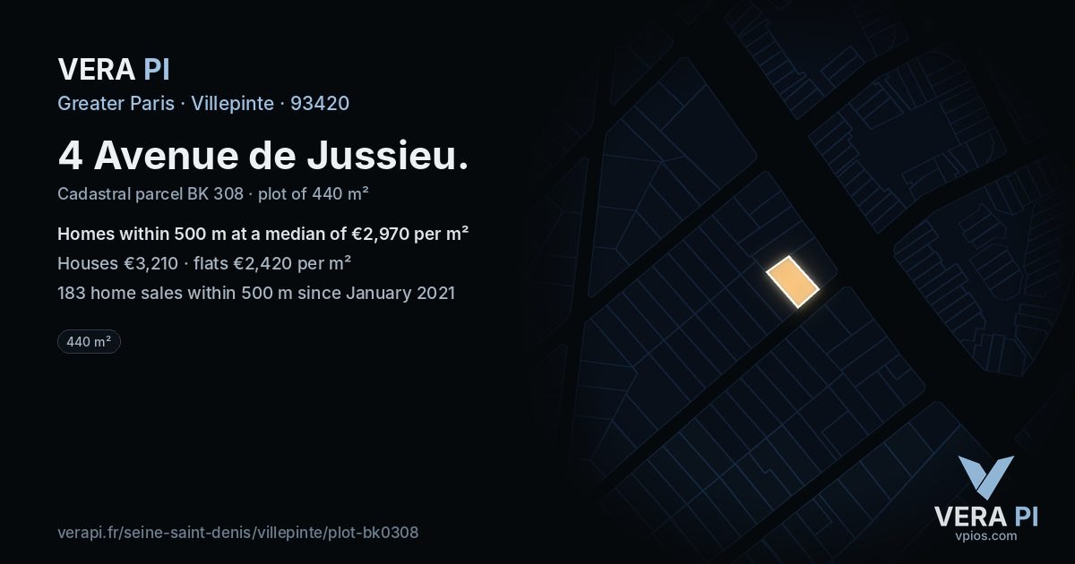 4 Avenue de Jussieu, Villepinte at night – the plot lit, the parcels around coloured by the prices near them