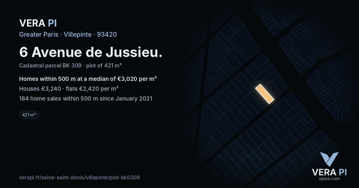 6 Avenue de Jussieu, Villepinte at night – the plot lit, the parcels around coloured by the prices near them