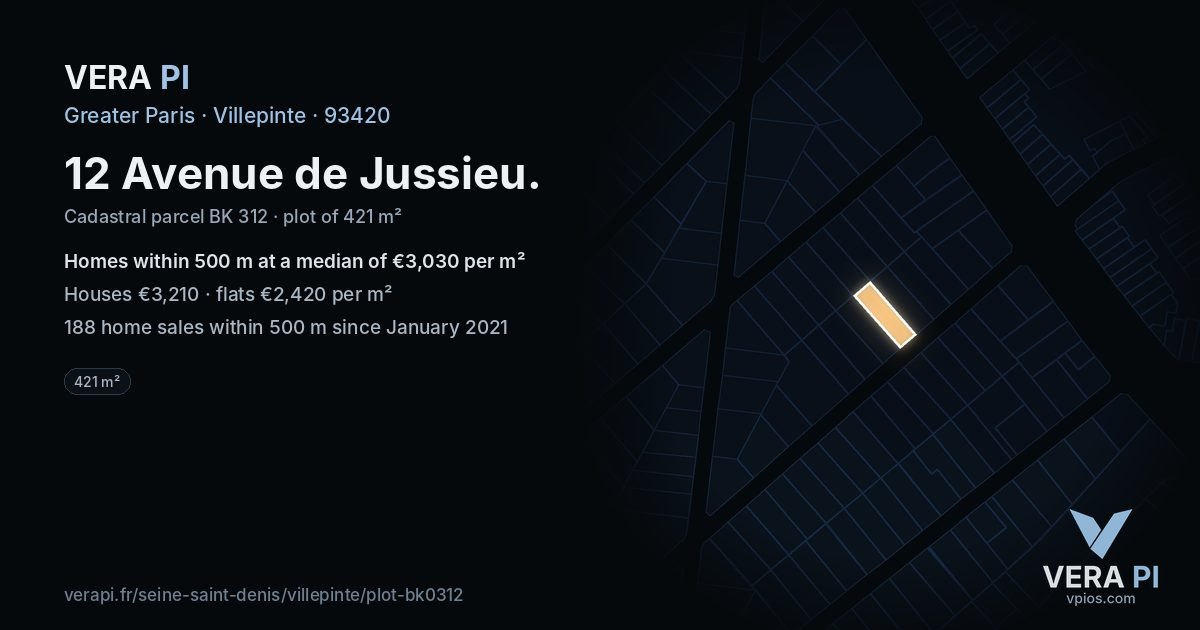 12 Avenue de Jussieu, Villepinte at night – the plot lit, the parcels around coloured by the prices near them