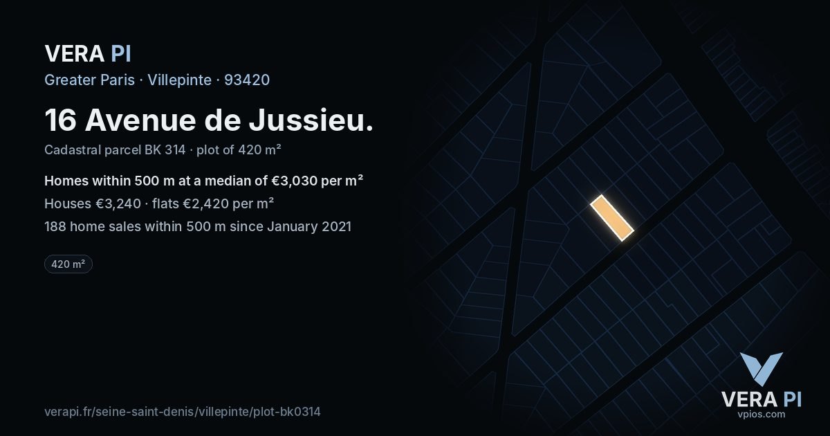 16 Avenue de Jussieu, Villepinte at night – the plot lit, the parcels around coloured by the prices near them