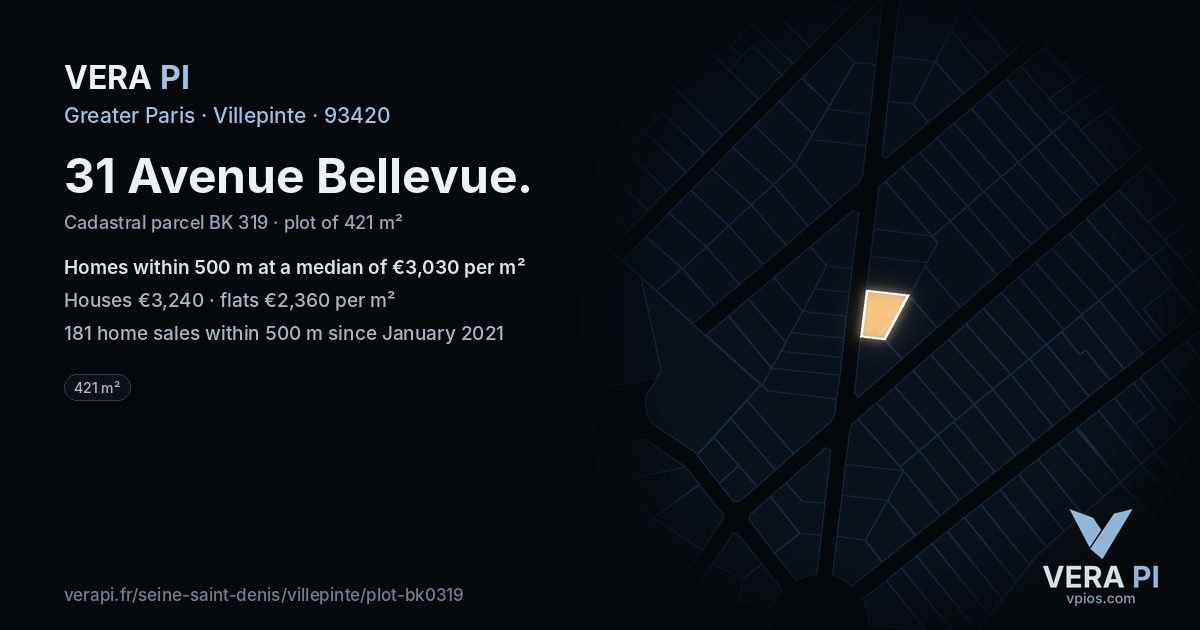 31 Avenue Bellevue, Villepinte at night – the plot lit, the parcels around coloured by the prices near them