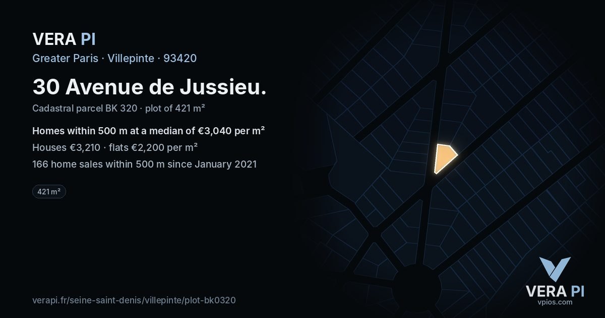 30 Avenue de Jussieu, Villepinte at night – the plot lit, the parcels around coloured by the prices near them