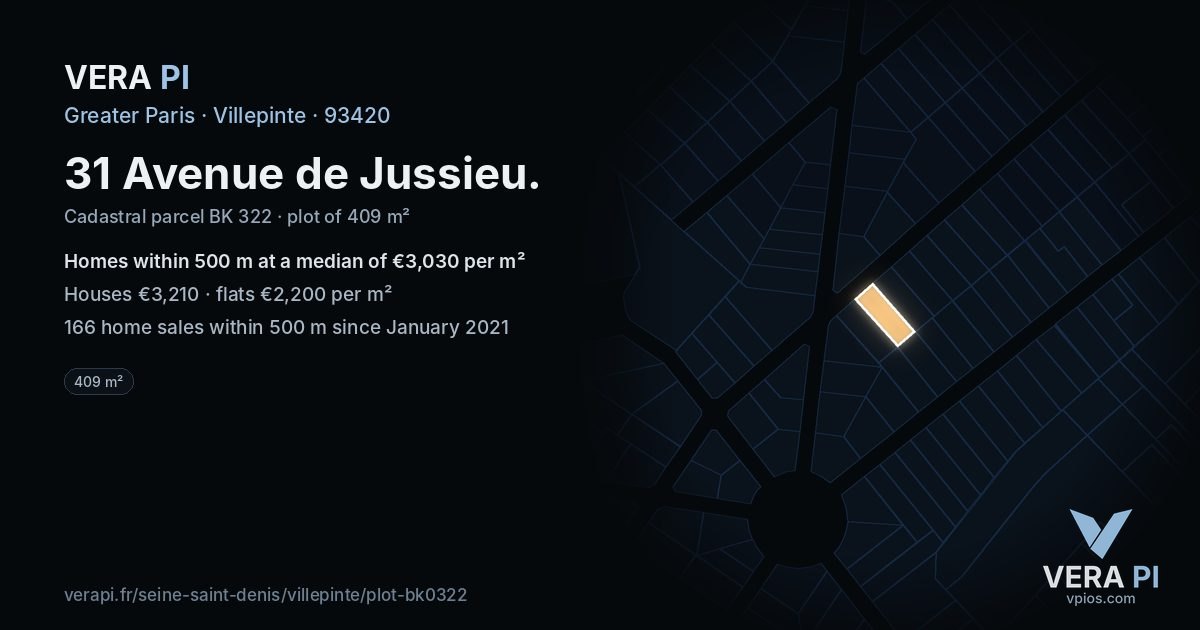 31 Avenue de Jussieu, Villepinte at night – the plot lit, the parcels around coloured by the prices near them