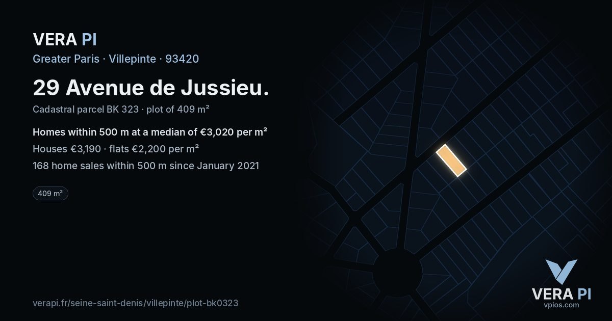 29 Avenue de Jussieu, Villepinte at night – the plot lit, the parcels around coloured by the prices near them