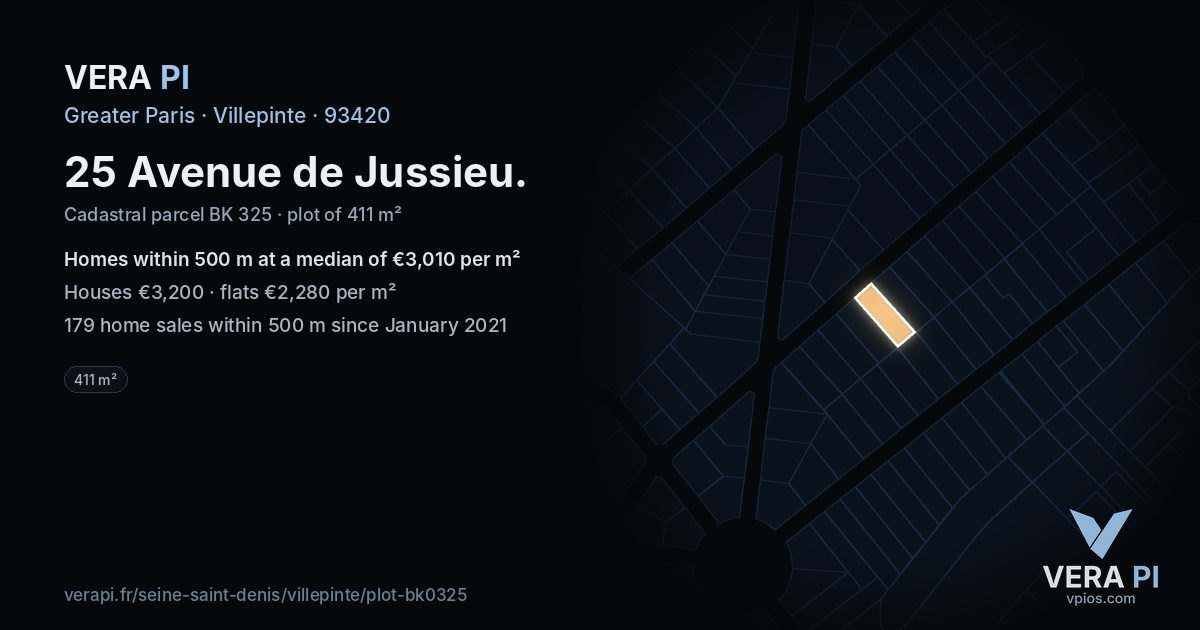 25 Avenue de Jussieu, Villepinte at night – the plot lit, the parcels around coloured by the prices near them