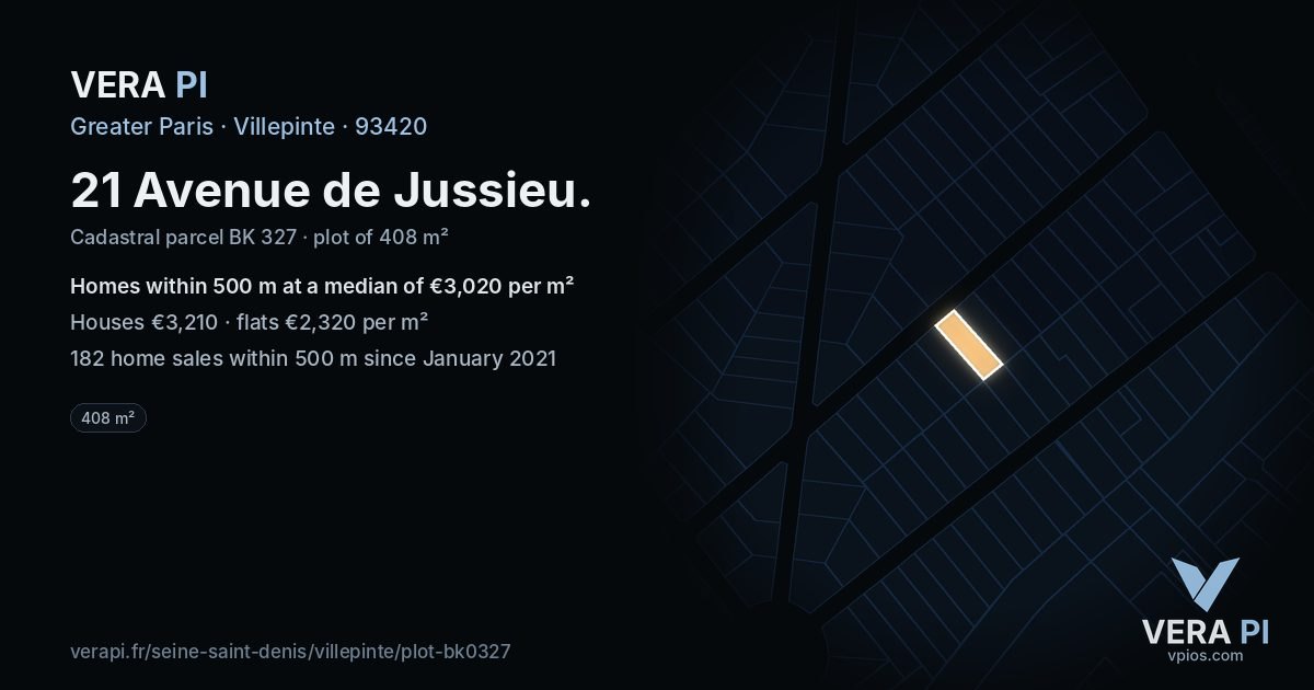 21 Avenue de Jussieu, Villepinte at night – the plot lit, the parcels around coloured by the prices near them