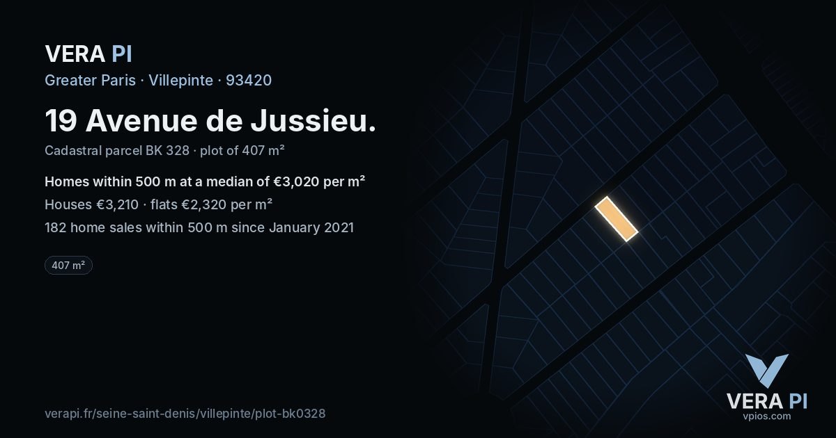 19 Avenue de Jussieu, Villepinte at night – the plot lit, the parcels around coloured by the prices near them