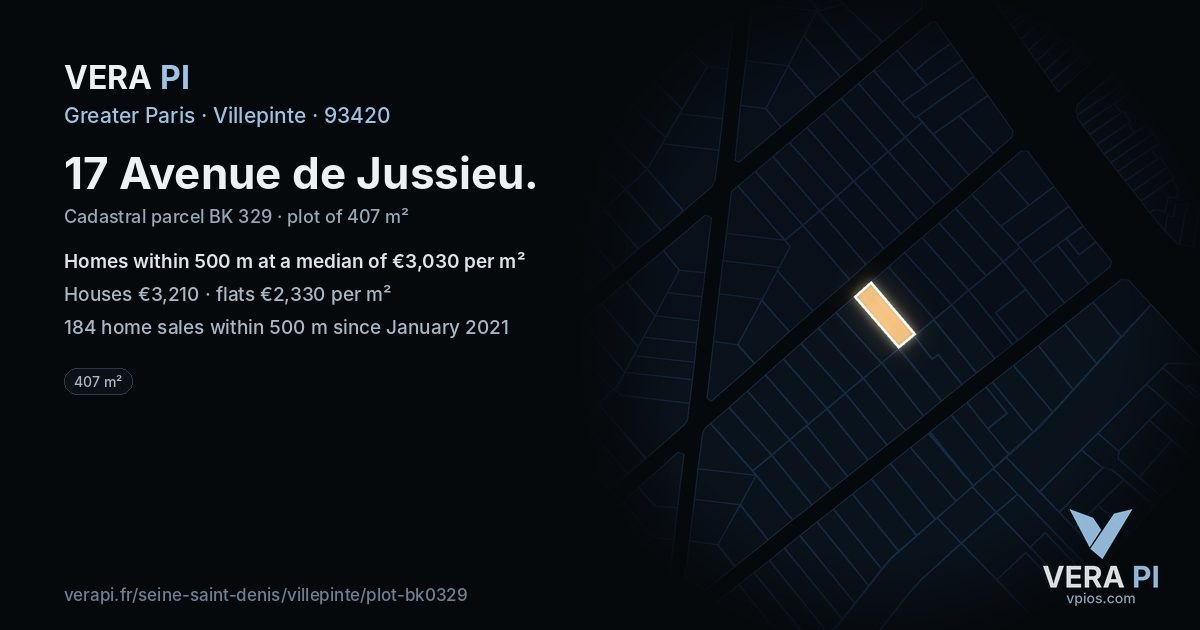 17 Avenue de Jussieu, Villepinte at night – the plot lit, the parcels around coloured by the prices near them