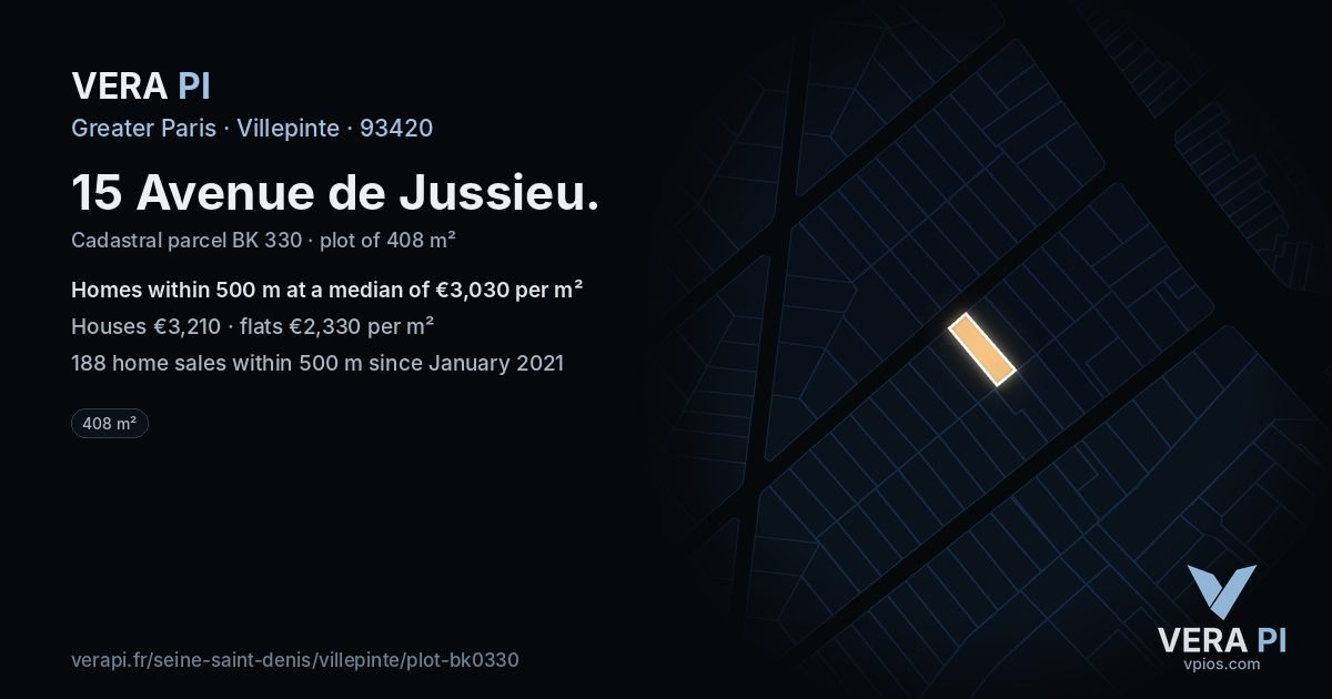 15 Avenue de Jussieu, Villepinte at night – the plot lit, the parcels around coloured by the prices near them