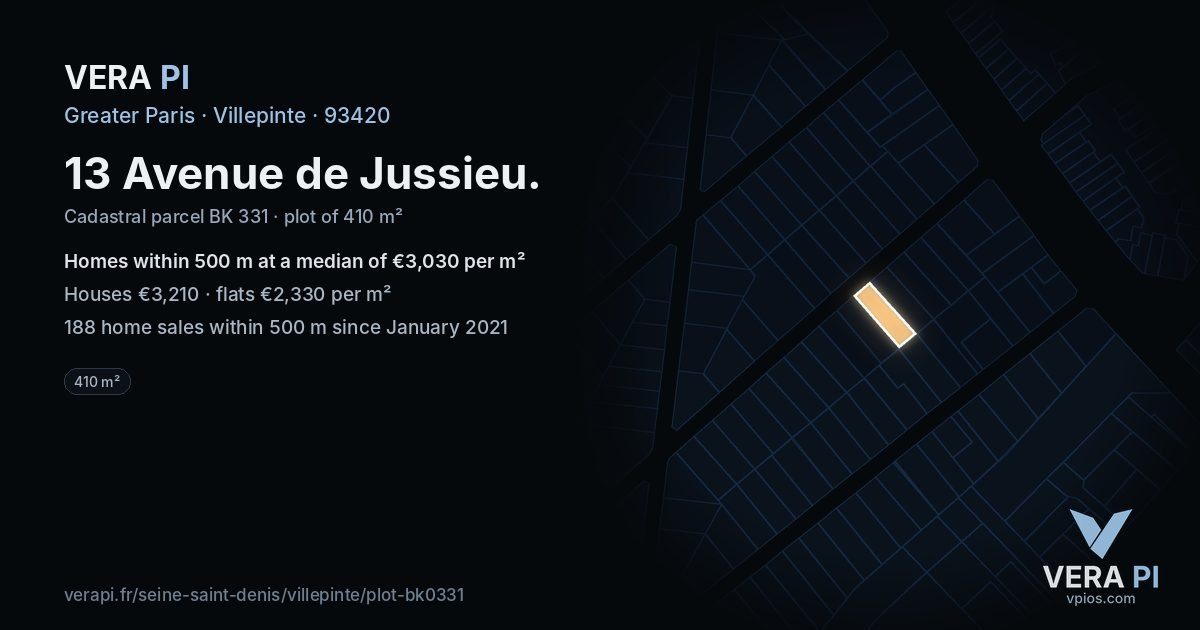 13 Avenue de Jussieu, Villepinte at night – the plot lit, the parcels around coloured by the prices near them