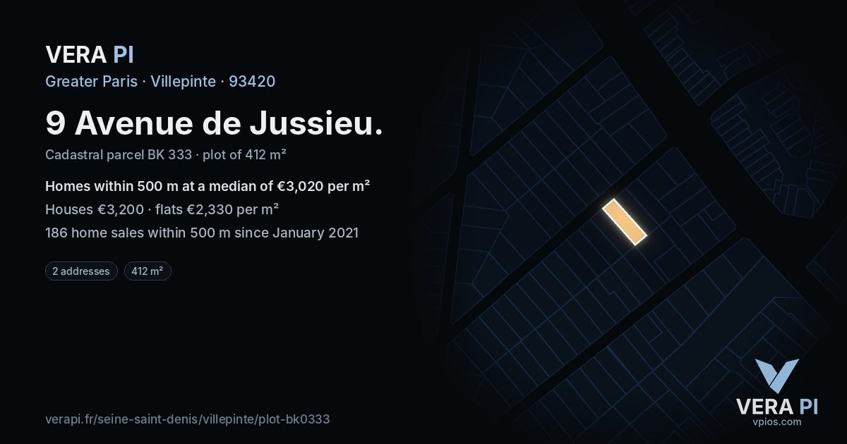 9 Avenue de Jussieu, Villepinte at night – the plot lit, the parcels around coloured by the prices near them