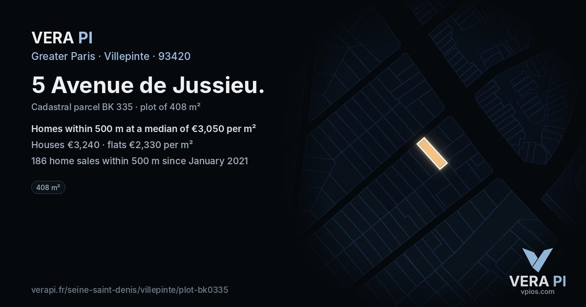 5 Avenue de Jussieu, Villepinte at night – the plot lit, the parcels around coloured by the prices near them