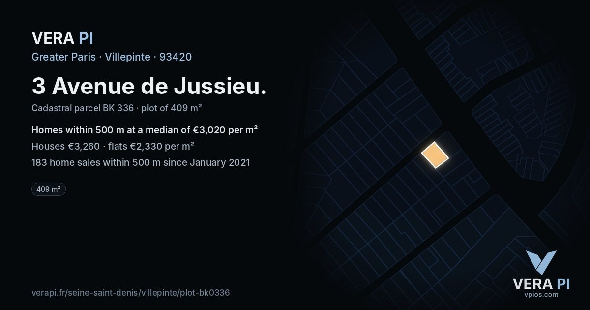 3 Avenue de Jussieu, Villepinte at night – the plot lit, the parcels around coloured by the prices near them
