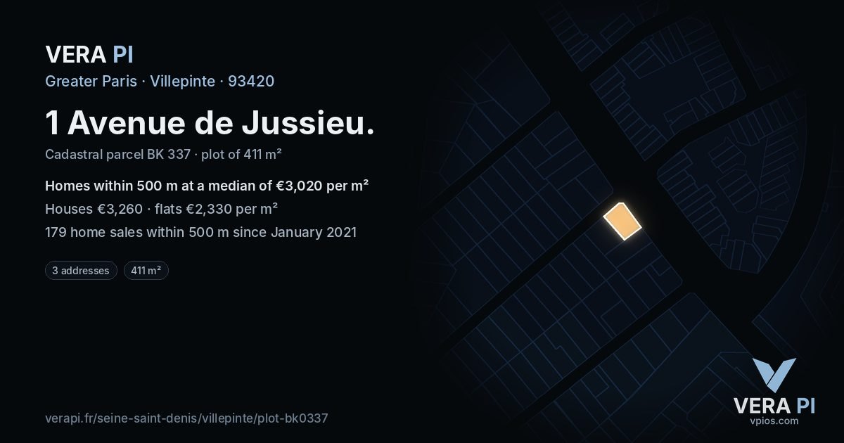 1 Avenue de Jussieu, Villepinte at night – the plot lit, the parcels around coloured by the prices near them